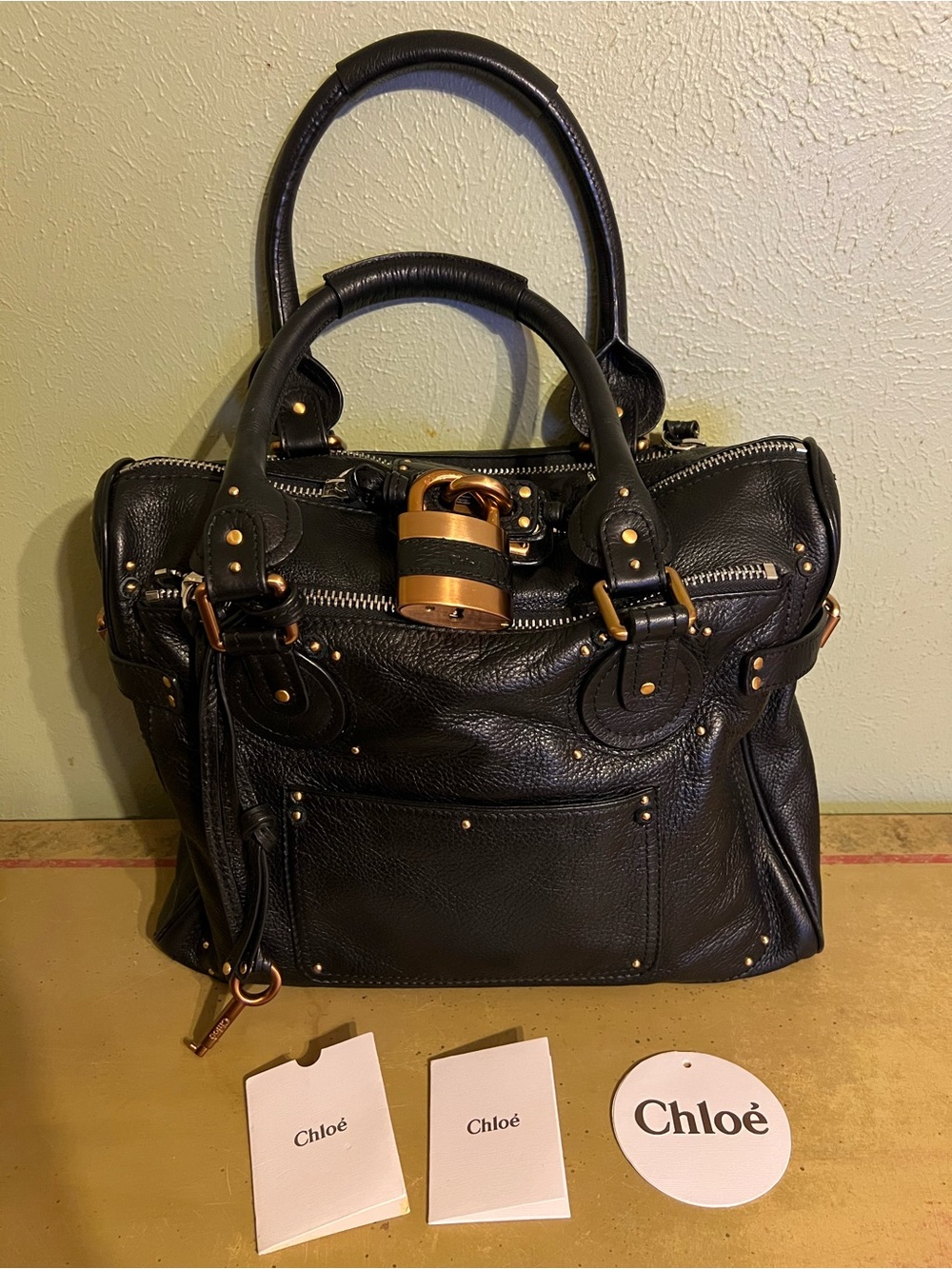 Chloe Large Rare Black Paddington Handbag Purse Working Padlock & Key Charm